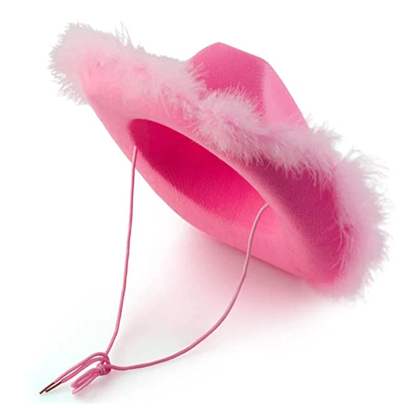 Fluffy Feather Brim Cowboy Hat - All-Match Pink Cowgirl Hat for Mardi Gras and Rave Parties, Model M6CD