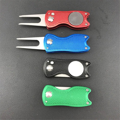 Metal Foldable Golf Divot Repair Tool: Magnetic Ball Marker, Pop-up Button - Green Accessories Gift for Golfers