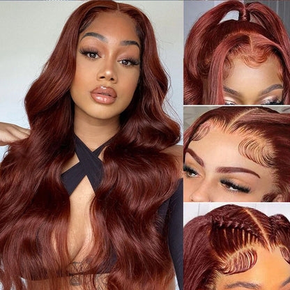 Reddish Brown Body Wave Lace Front Human Hair Wig: HD 13x6 Lace Front Wig, Pre-Plucked, Glueless