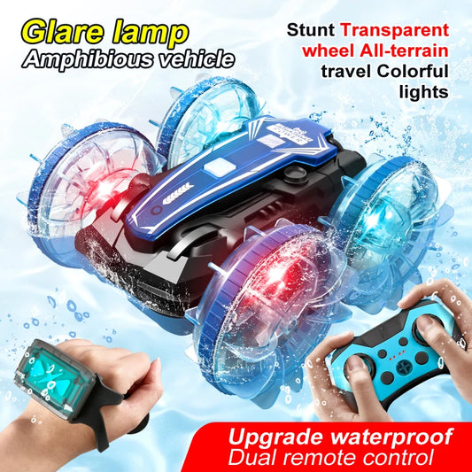 New LED Amphibious RC Car – Dual Remote Control, Waterproof Stunt Car with 360° Rotation, Double-Side Flip, Drift Drive, Kids Toy