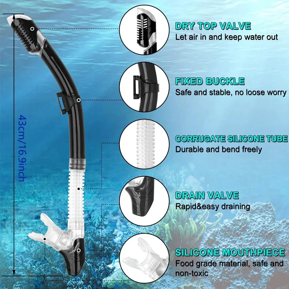 Easy Breath Dry Snorkel Tube - Scuba Diving and Swimming Underwater Equipment with Splash Guard Top Valve for Adults, Kids, Men, Women, and Youth