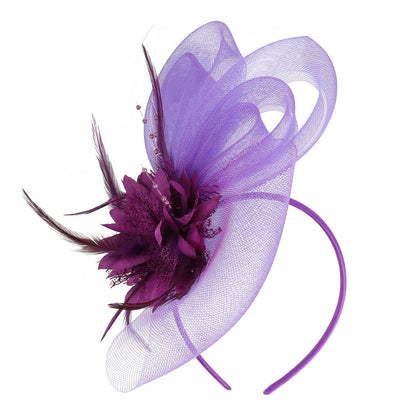 Women's Flower Mesh Fascinator with Ribbons and Feathers - Brides Hair Accessories, Headband or Clip for Cocktail Tea Party Headwear