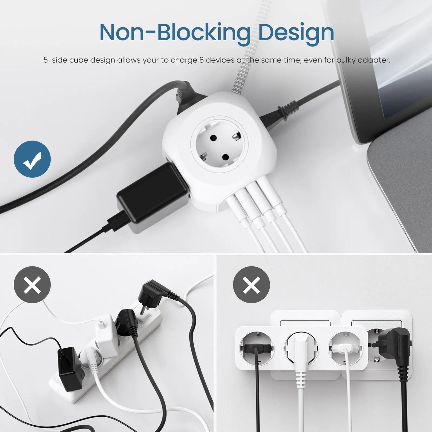 LENCENT EU Plug Power Strip - 4 AC Outlets, 3 USB Ports, 1 Type C, 2M/3M Braided Cable - Multi Socket with Switch for Home