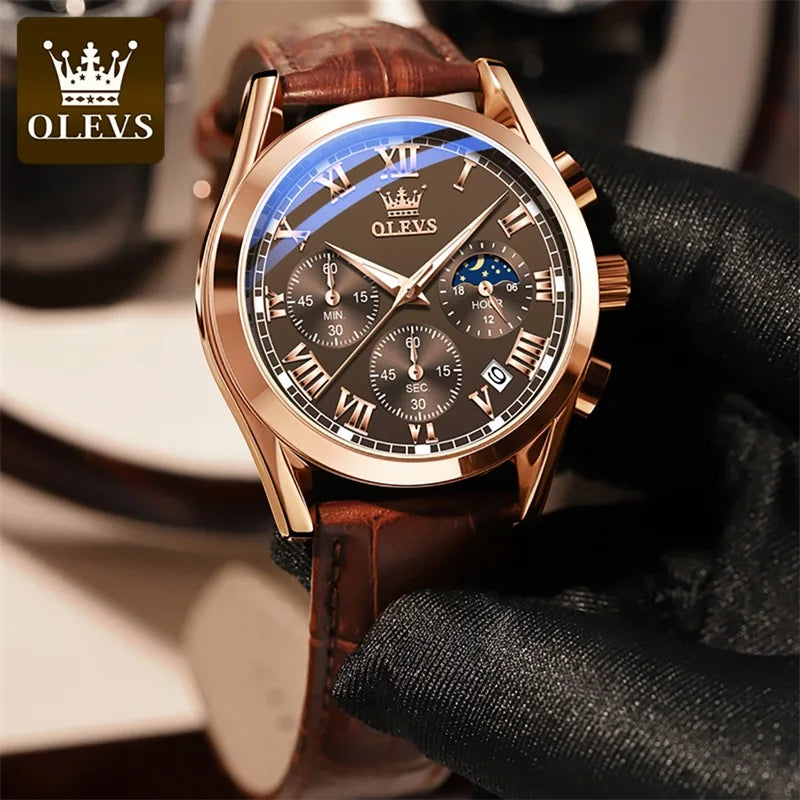 OLEVS Quartz Watch for Men - Top Brand Luxury, Moon Phase, Waterproof, Chronograph - Fashionable Wrist Watch for Men