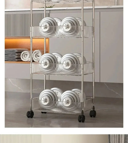 Acrylic Rolling Cart with Hanging Basket - Multi-Layer Transparent Bathroom, Makeup, and Snack Organizer, Movable Storage Rack