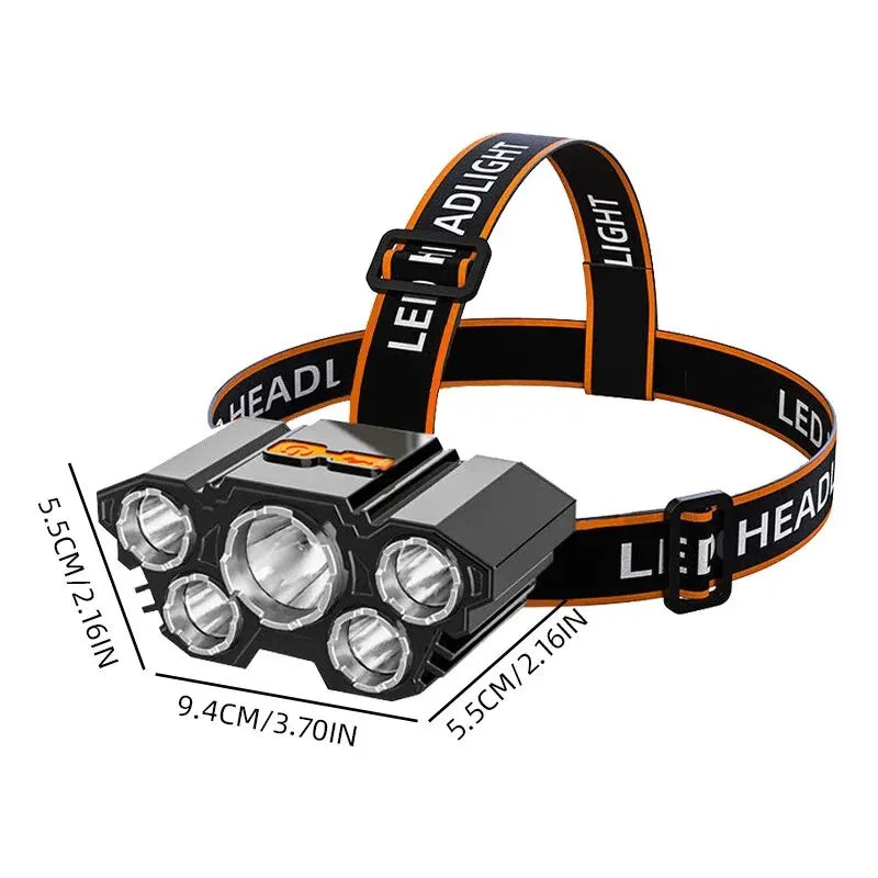 USB Rechargeable LED Strong Light Five-Headed Outdoor Waterproof Fishing Light: Ultra Bright Head Mounted Flashlight