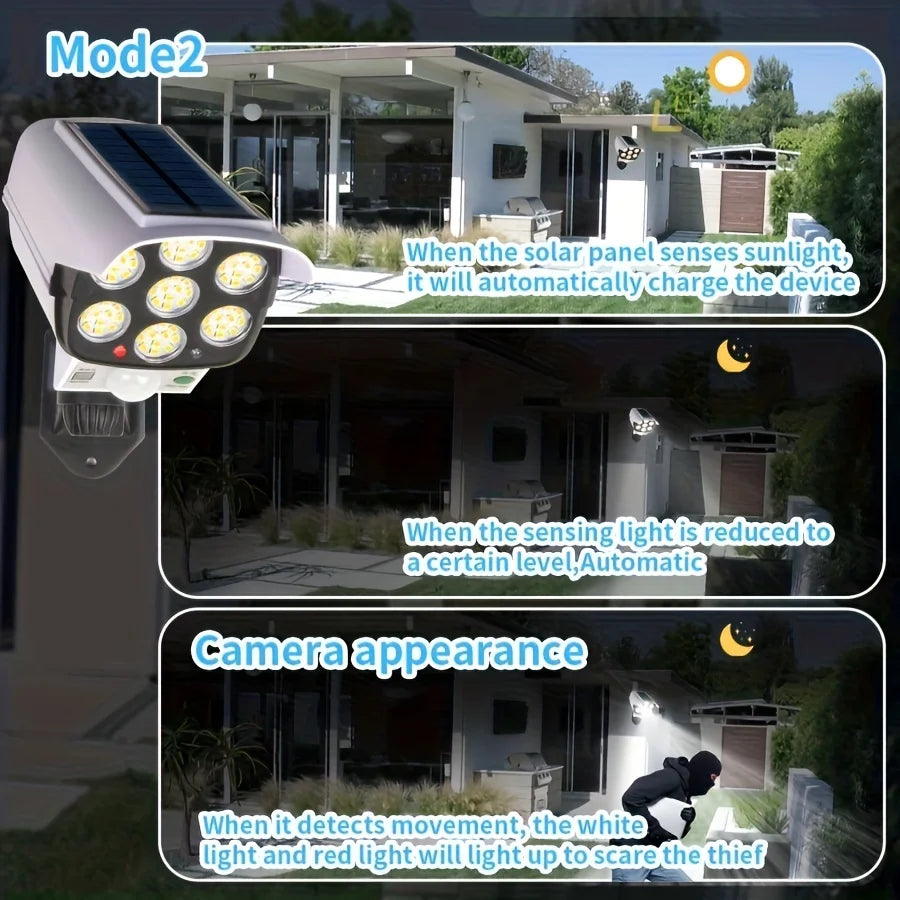 77 LED Outdoor Motion Sensor Solar Lights - Waterproof Wireless Floodlight and Dummy Decoy Security Camera for Porch, Garden, and Patio