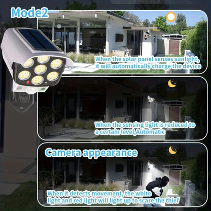 77 LED Outdoor Motion Sensor Solar Lights - Waterproof Wireless Floodlight and Dummy Decoy Security Camera for Porch, Garden, and Patio