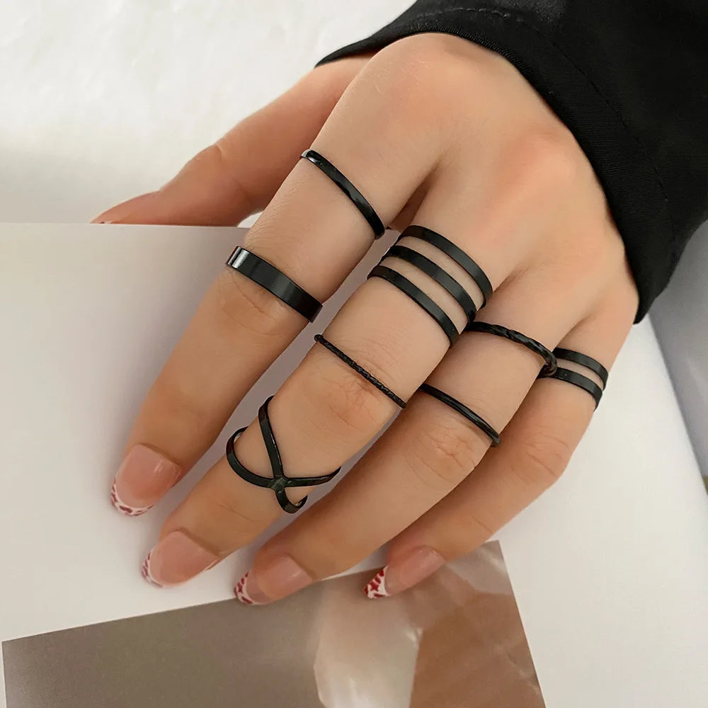 2023 Kpop Punk Geometric Black Chain Open Ring - Luxury Vintage Grunge Aesthetic Jewelry for Women, Y2K EMO Accessories