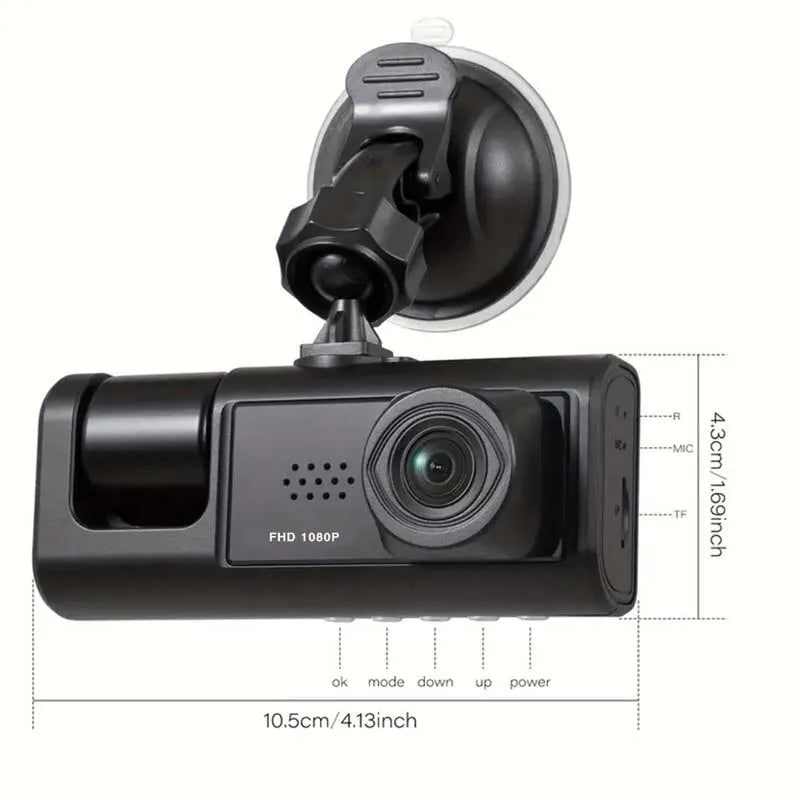 1080P Dash Cam with IR Night Vision, Loop Recording, and 2" IPS Screen - Triple Camera System