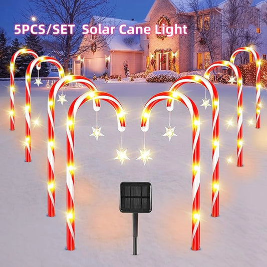 5-Piece Solar Candy Cane Lights Set - Outdoor Waterproof Christmas Garden and Lawn Decoration with Colored Lighting