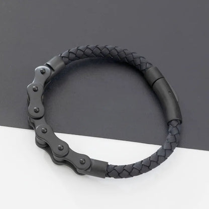 Retro Punk Bike Chain Leather Bracelet with Metal Buckle - Hand-Woven Rock Jewelry for Men, Motorcyclist Party Gift