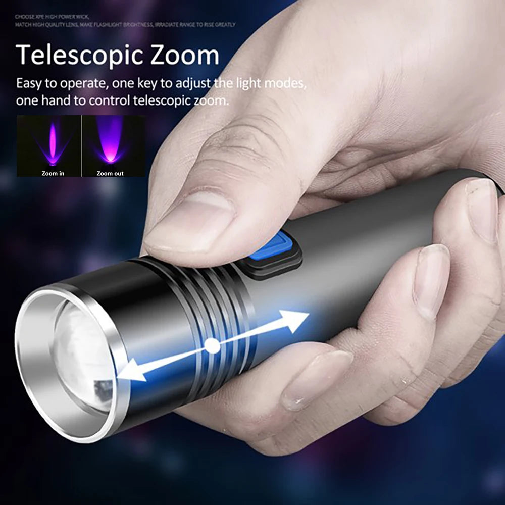 Zoomable USB Rechargeable UV Flashlight: 395nm Blacklight for Pet Urine Detection and Resin Curing - Ultraviolet Light Tool