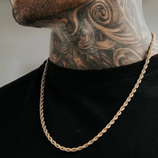 Men's Long Twist Rope Chain Necklace | Stainless Steel Minimalist Design | Available in Gold and Silver Colors | 2 to 5mm