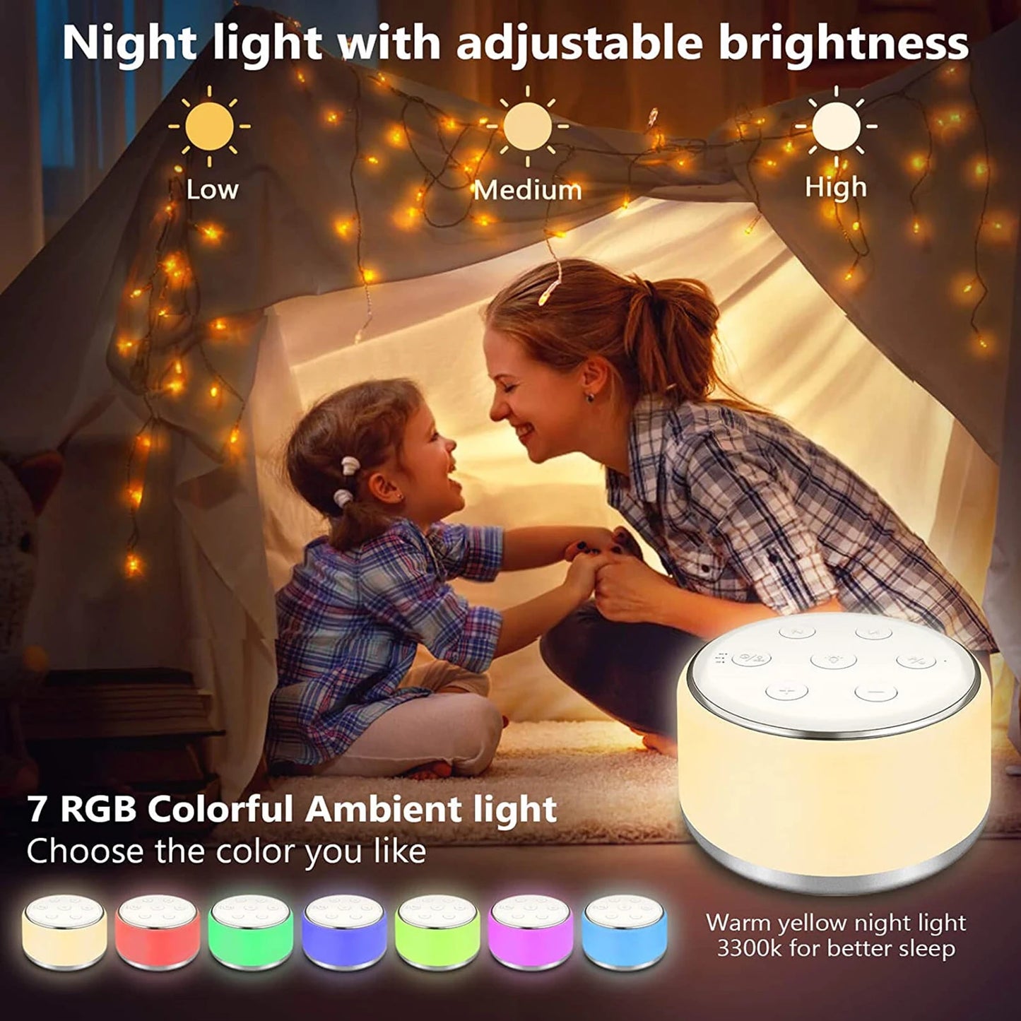 Desktop White Noise Machine | Sleep Sound Soother for Baby | 7 Colors Night Lights | 34 Soothing Sounds with Timer