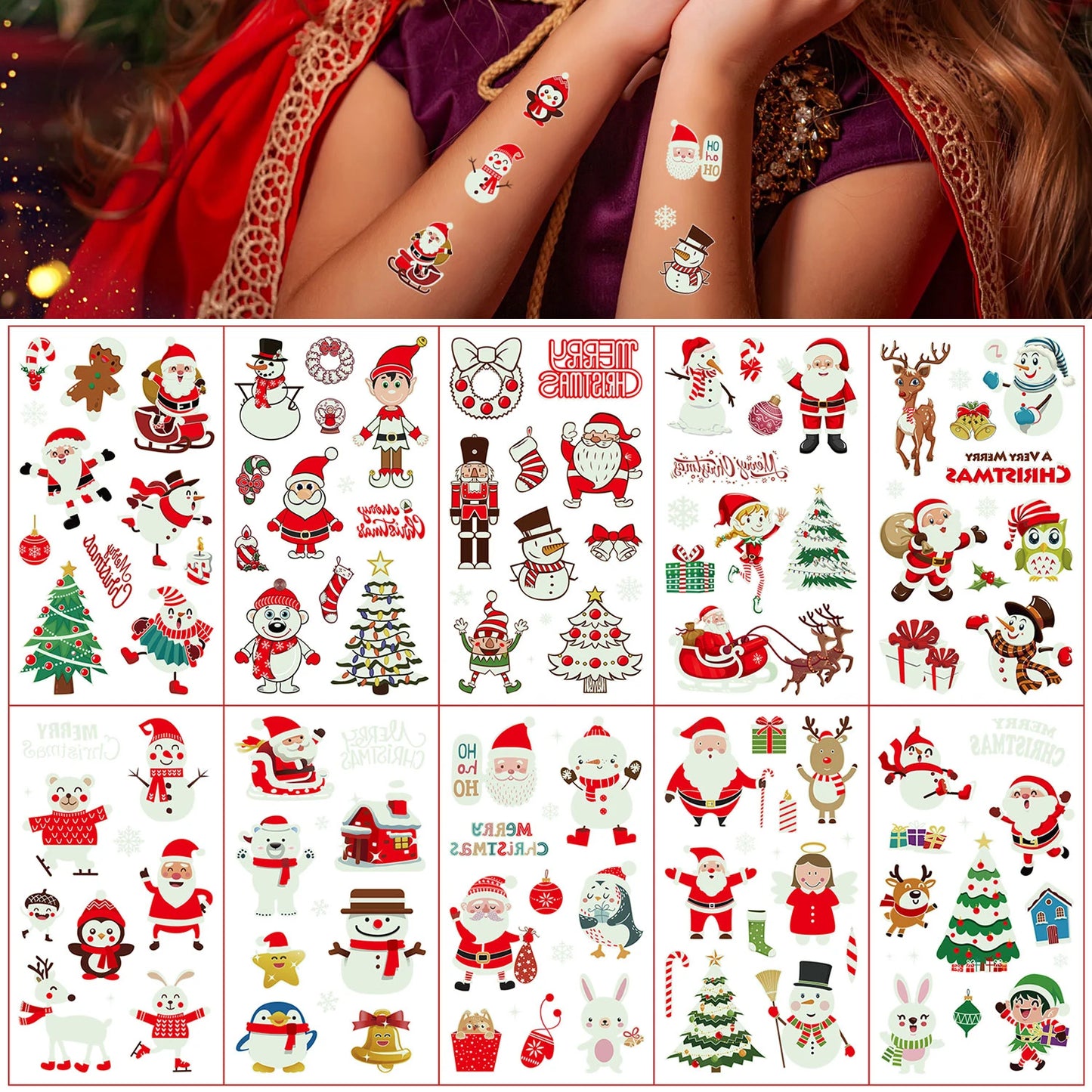 10 Sheets Christmas Luminous Tattoo Stickers - Glow in the Dark Snowman and Holiday Patterns, Waterproof Temporary Tattoos