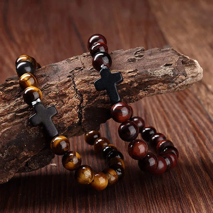 Natural Stone and Wood Beads Prayer Rosary Bracelet - Hematite Cross Onyx Meditation Jewelry for Men and Women