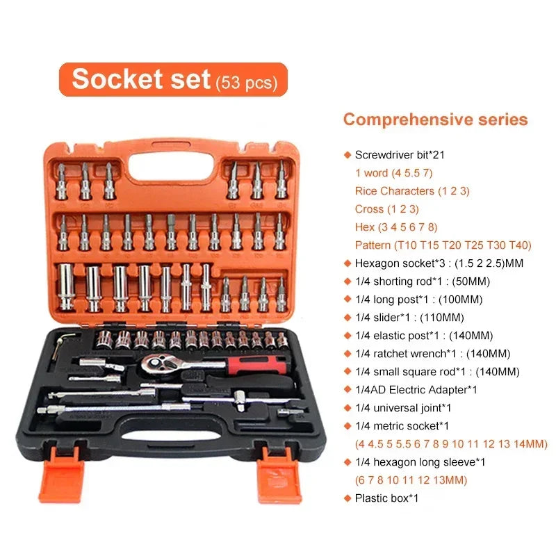 46/53pcs Drive Socket Set - 1/4 Inch Ratchet Wrench Set with Metric Hex Bit Sockets, Mechanic Tool Kits for Auto Repair