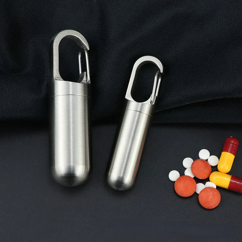 Portable Mini Stainless Steel Sealed Capsule Pill Box - Waterproof First Aid Pendant for Camping Travel - Outdoor Pill Case