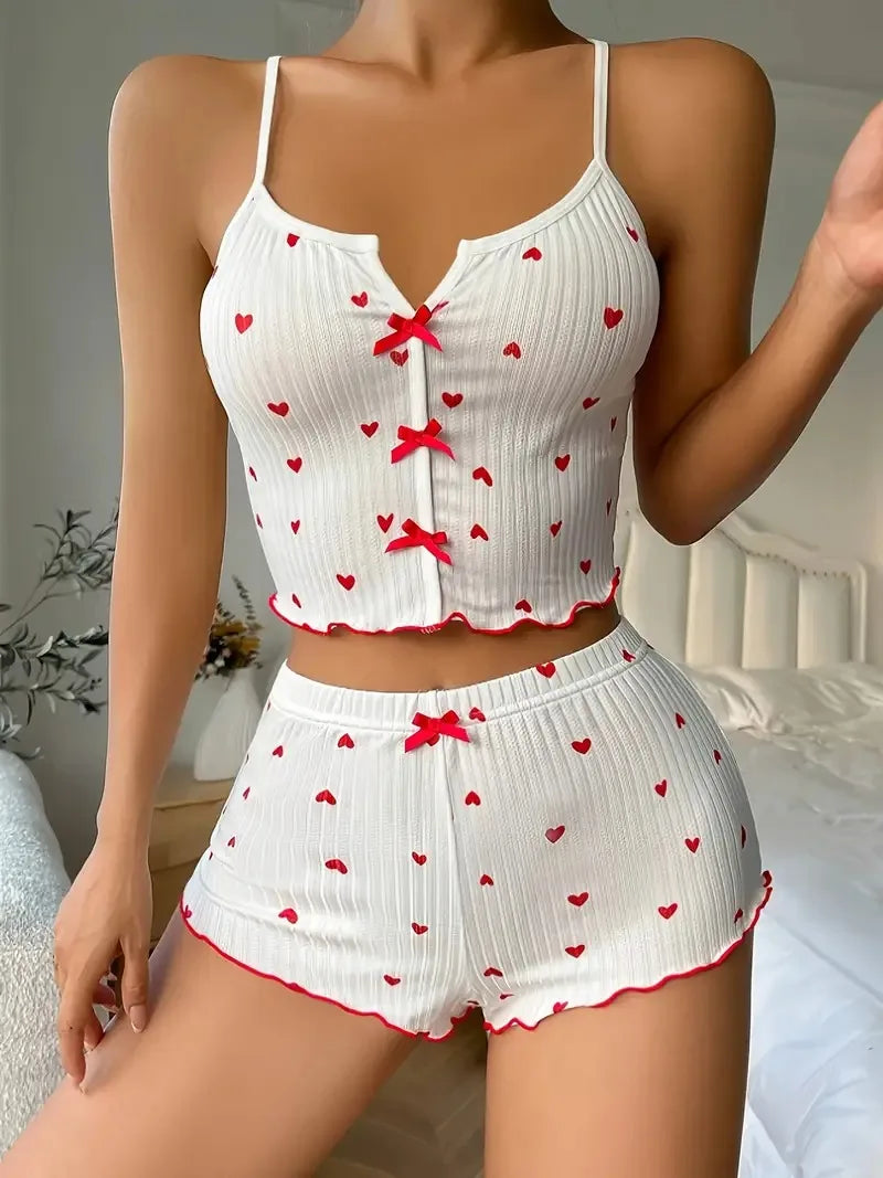 Women's Sleepwear Pajama Set - Heart Print Soft Ribbed Fabric with Flirty Frill Trim, Cami Top and Shorts Loungewear