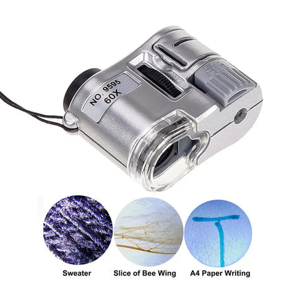 Portable Mini Pocket 60X Microscope - Illuminated Jeweler Loupe Lens with 3 LED and UV Light for Jewelry and Insect Magnification