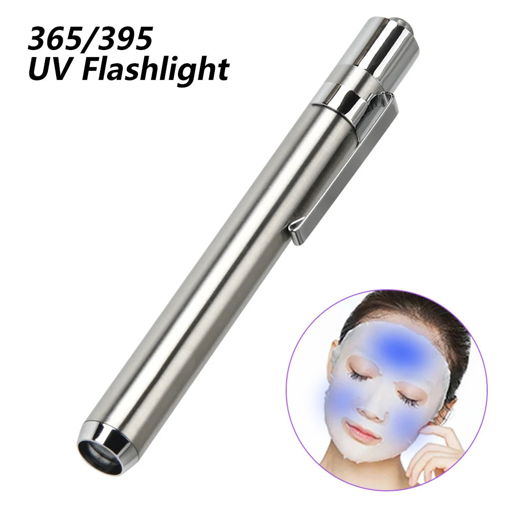 Portable LED UV Flashlight Torch - Stainless Steel Mini 395/365nm Ultra Violet Light for Marker Checking and Detection, AAA Battery Powered