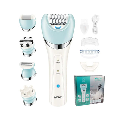 VGR 5-in-1 Electric Epilator V-703: Women's Shaver, Bikini Trimmer, Facial Cleaner, and Body Hair Remover with Massage Function