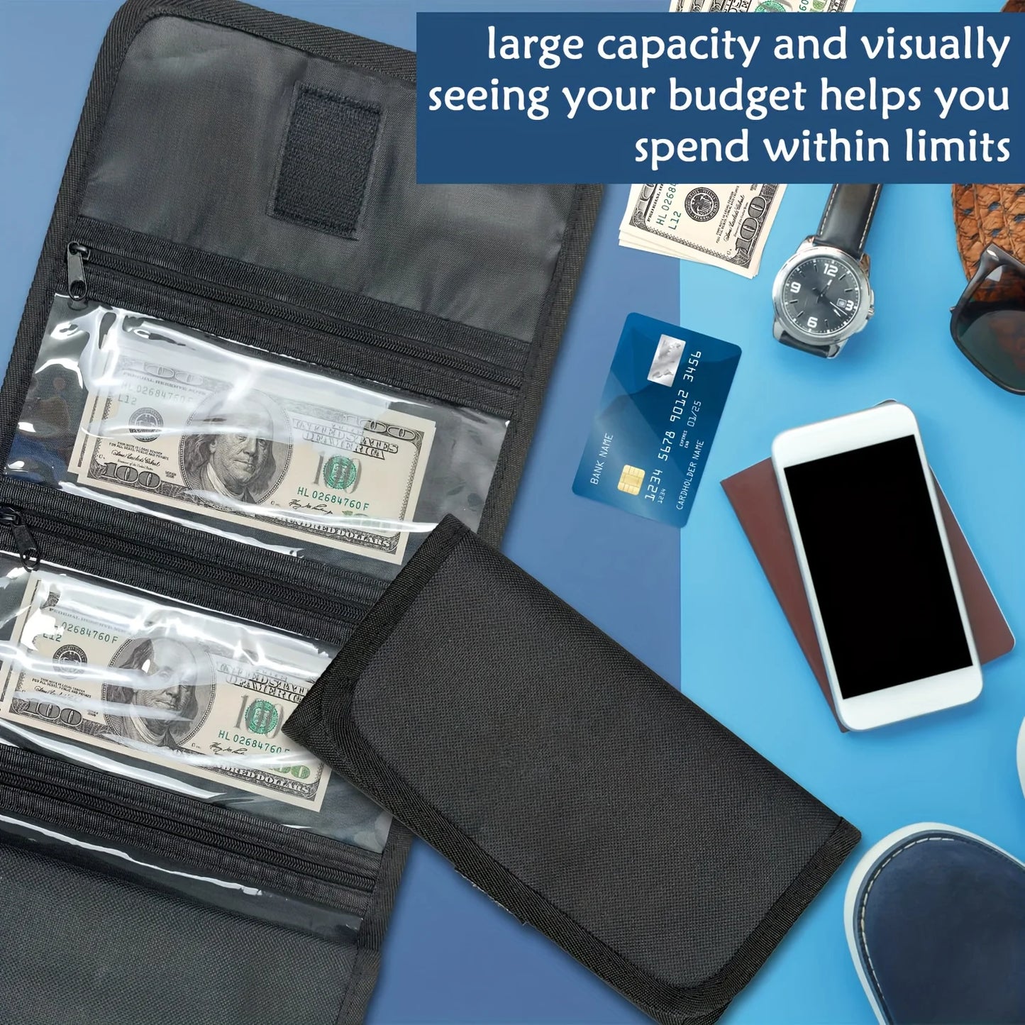 Money Wallet Organizer: 6-Zippered Pocket Multipack Cash Pouch - Bill Organizer Envelope Wallet for Money Management