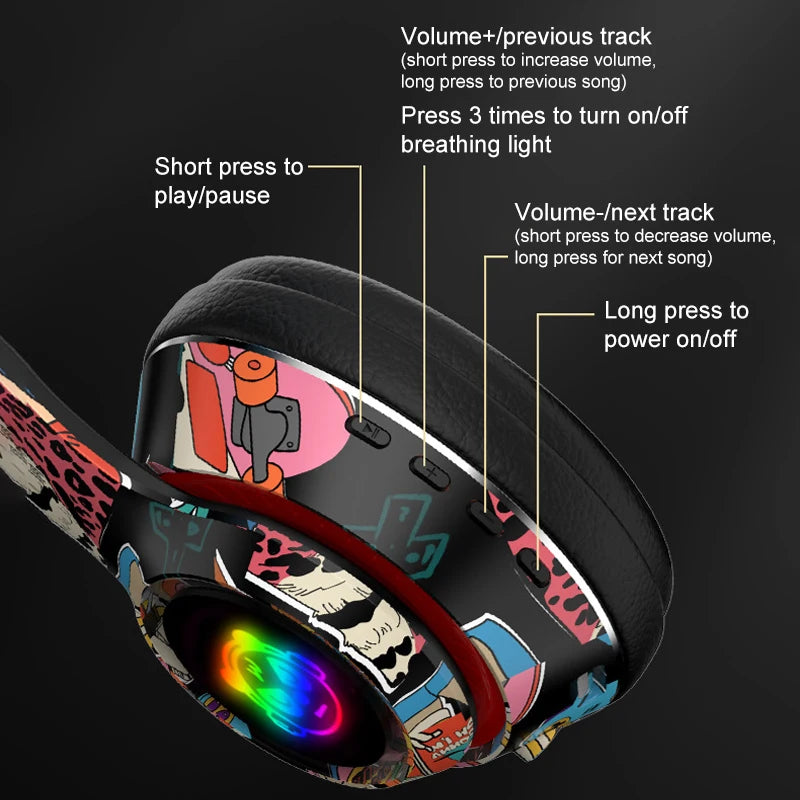 Graffiti Bluetooth 5.1 DJ Headphones – Wireless Gamer Headset with Mic, RGB LED Light, TF Card Support for Kids and PC