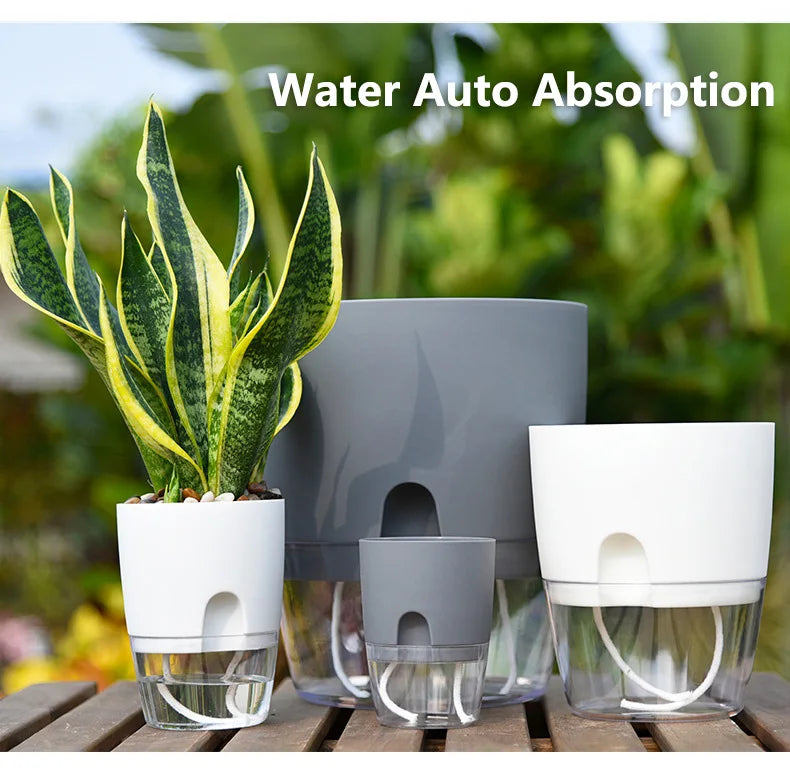 Self-Watering Transparent Double Layer Flower Pot with Cotton Rope Watering System and Injection Port