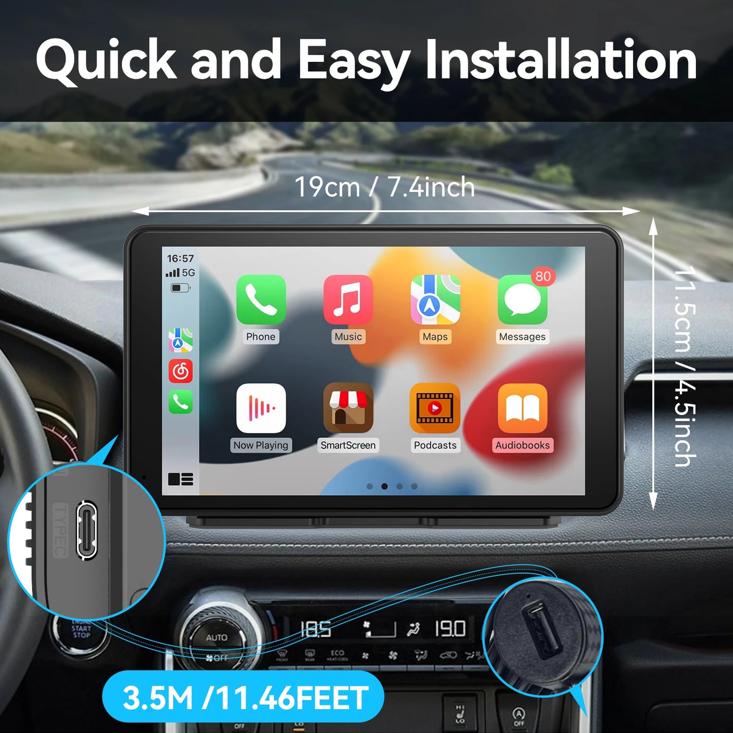 7'' Portable CarPlay Smart Touchscreen - Wireless Car Stereo with Android Auto, Mirror Link, AUX Connection, and FM Radio