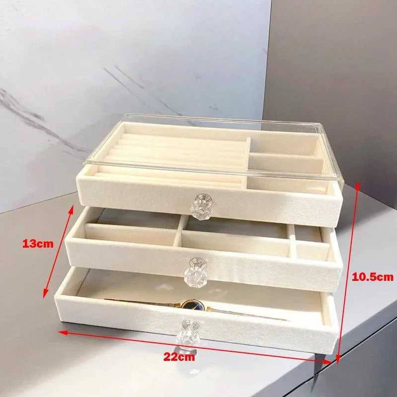 Velvet Acrylic Jewelry Organizer with 3 Stackable Drawers - Storage Case for Earrings, Necklaces, and Bracelets for Women