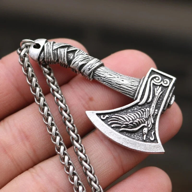 Trendy Retro Viking Tomahawk Pendant Necklace - Double-Sided Crow and Prairie Wolf Charm, Men's Metal Accessory for Parties