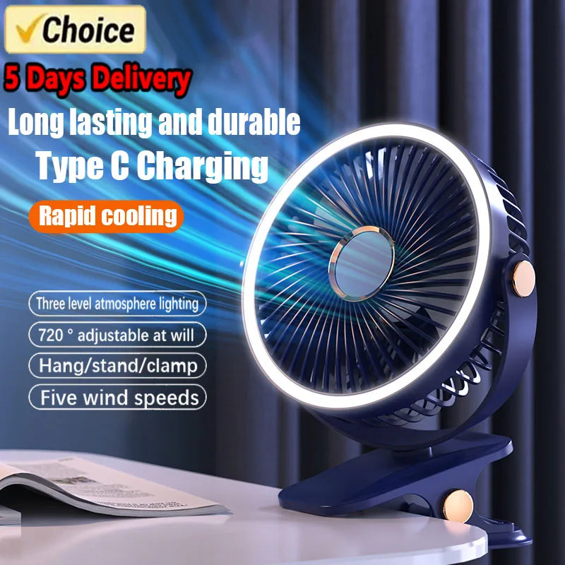 8000mAh Rechargeable Camping Fan – Portable Desktop Air Circulator with LED Light and Clip-On, Wireless Ceiling Fan