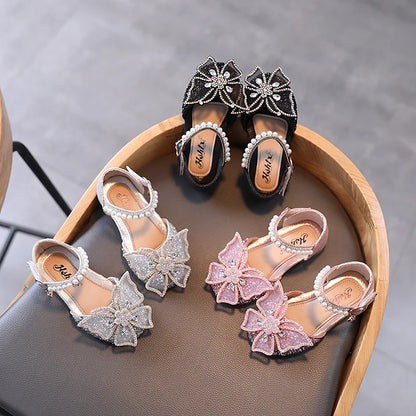 Summer Girls Sandals – Fashion Sequins & Rhinestone Bow Princess Shoes, Flat Heel, Sizes 21-35