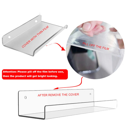 Clear Acrylic Floating Shelf - Self-Adhesive Storage for Wall Decoration, Bookshelf, Bathroom Soap Dispenser Holder