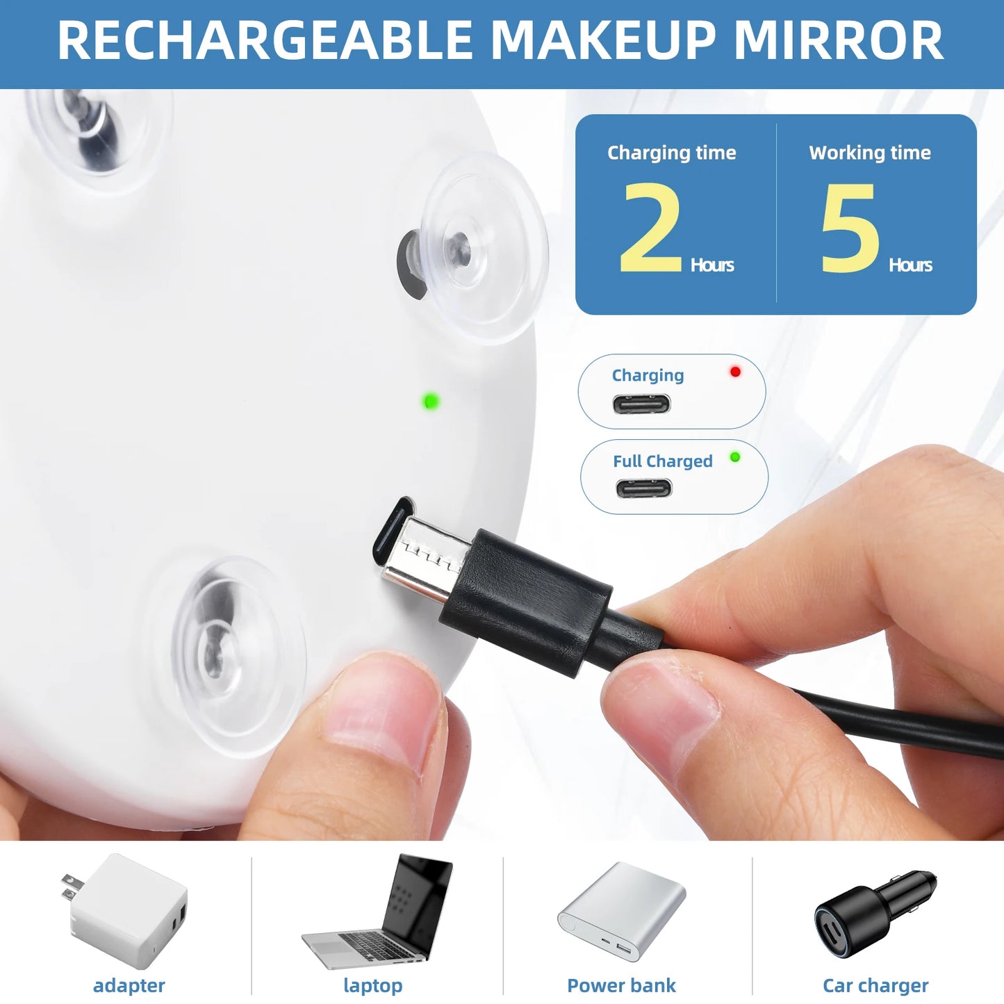 Compact Mirror with Natural LED Light - 4" Rechargeable Magnifying Travel Makeup Mirror, Includes 3 Suction Cups