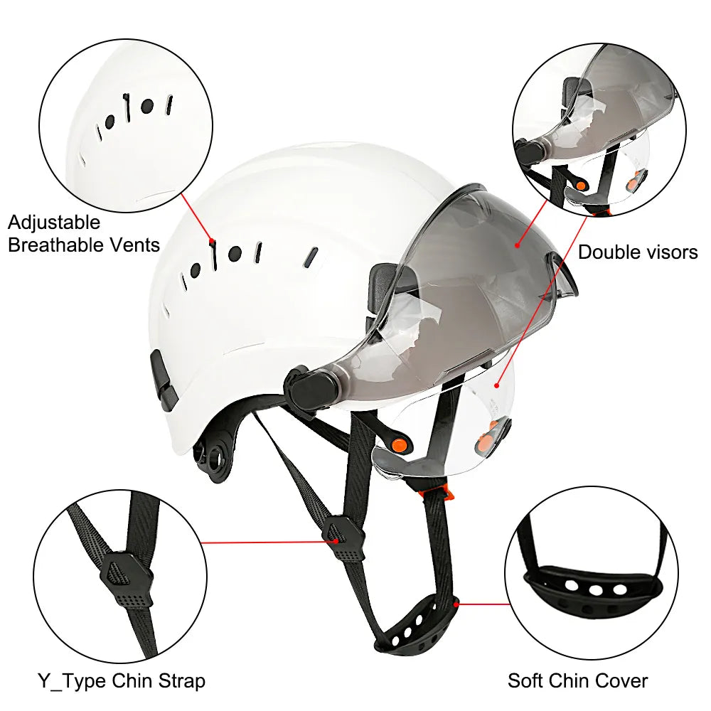 CE Certified Construction Safety Helmet with Built-In Visor, Goggles, Earmuffs - ANSI Standard Engineer Hard Hat for Industrial Head Protection