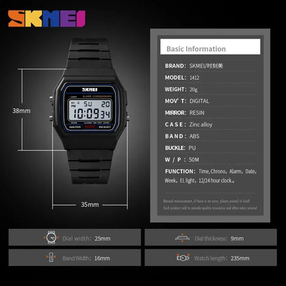 SKMEI 1412 Waterproof Digital Watch - Date & Week Display, Sports Couple Wristwatch, Fashionable Relogio Feminino for Women