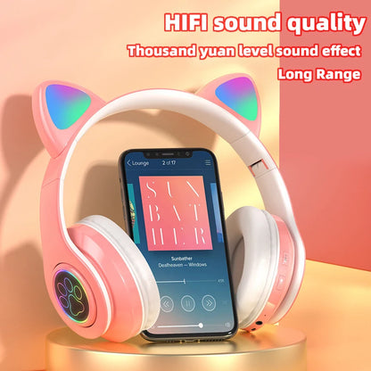 P91H Cute Cat Ears Bluetooth Wireless Headphones – With Mic, LED Flash Light, Stereo Music, Foldable Design