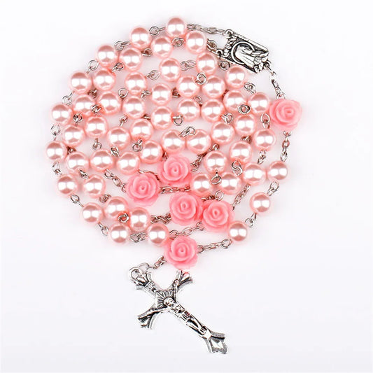 6MM Pink Rosary Necklace – Rose Glass Beads Chain with Crucifix Cross and INRI Pendant – Long Religious Prayer Jewelry for Women and Men