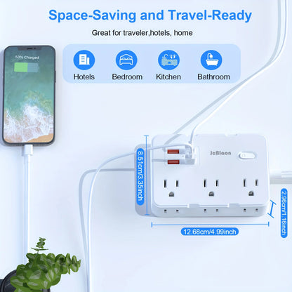 10-in-1 Surge Protector: 6-Outlet Extender with 4 USB Ports, 5ft Power Strip - Power Adapter for Home, Office, School, Travel