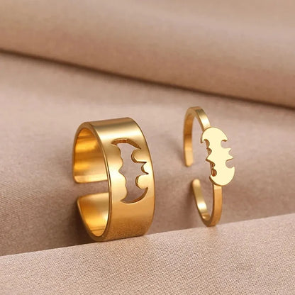 2 PCS Gothic Couple Ring Set – Gold and Silver Stainless Steel Hip Hop Punk Fashion Open Rings for Men and Women