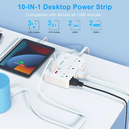 10-in-1 Surge Protector: 6-Outlet Extender with 4 USB Ports, 5ft Power Strip - Power Adapter for Home, Office, School, Travel