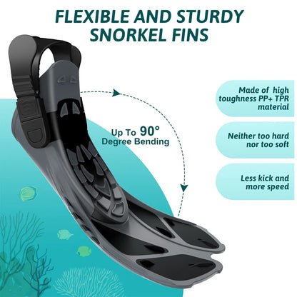 Adjustable Buckle Snorkel Fins - Short Silicone Swimming Flippers, Scuba Diving Shoes with Open Heel, Travel Size for Adults