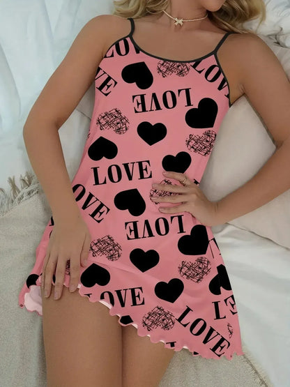 Casual Heart and  Letter Print Nightdress - Lettuce Trim Sexy Slip Short Nightdress, Women's Sleepwear and Dresses