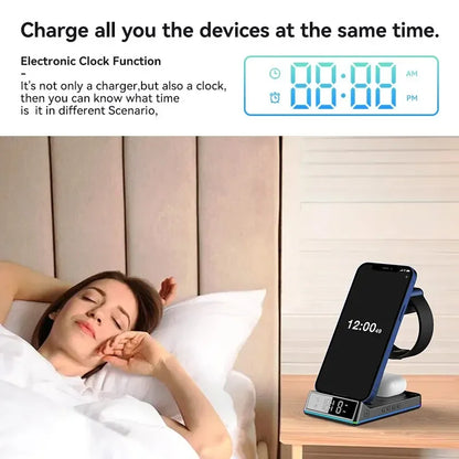 5 in 1 Foldable Wireless Charger Stand 15W with RGB LED Clock - Fast Charging Station Dock for iPhone, Samsung Galaxy, Watch 6/5, S23, S22