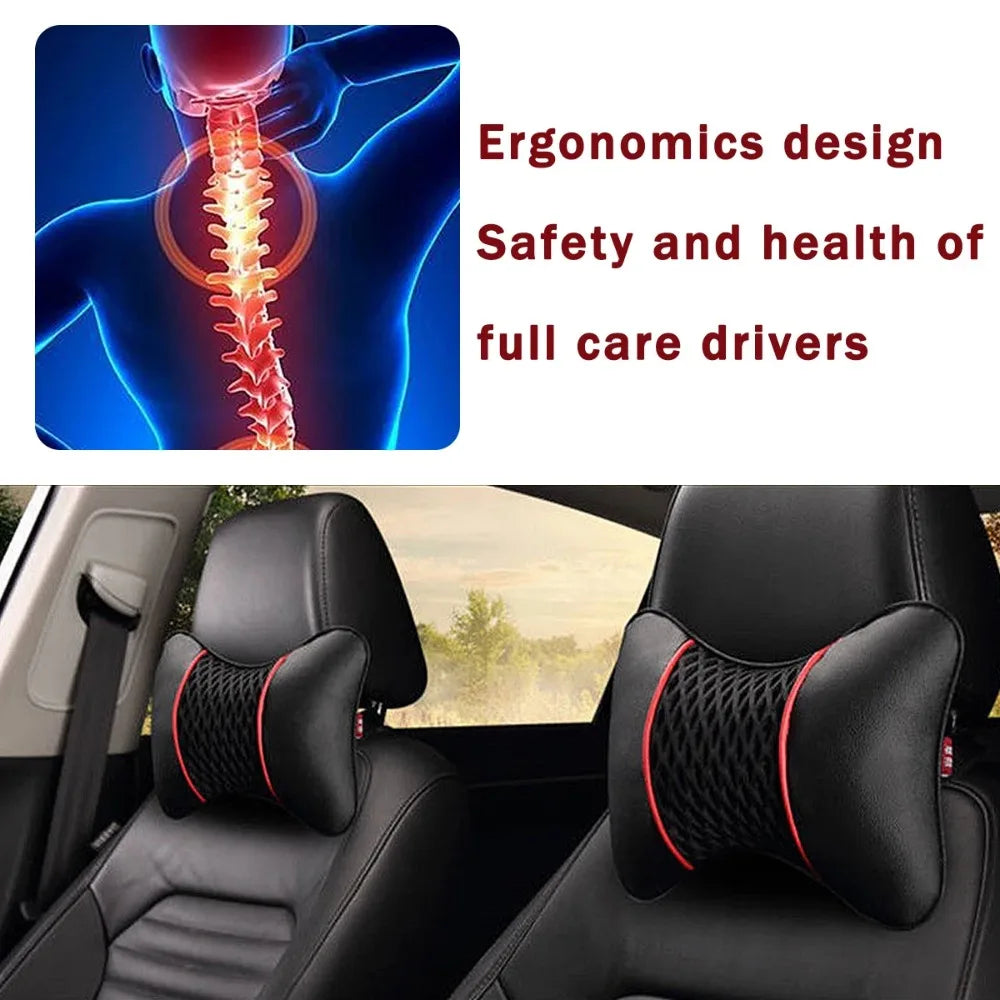 2Pcs Car Seat Neck Pillow - PU Leather Knitted Headrest Rest Cushion Support, Auto Black Safety Pillow, Car Accessories