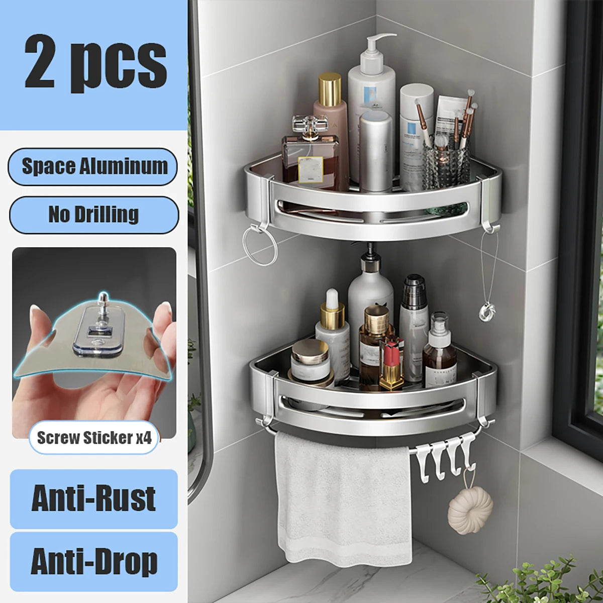 Shower Corner Shelf Caddy - No Drill Rust-Proof Organizer for Bathroom, Corner Wall Shelf and Shampoo Holder