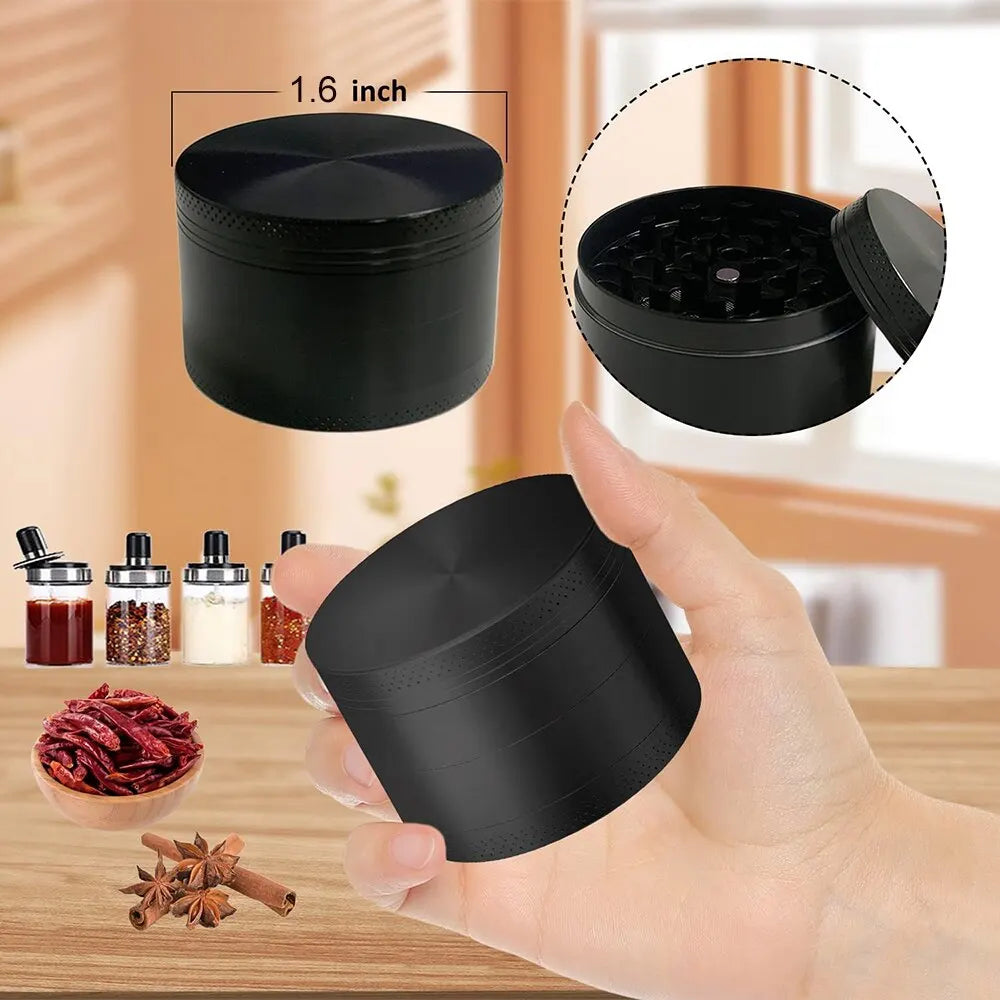 4-Layer Aluminium Herb and Spice Grinder - 40mm Metal Grinder with Scraper - Portable Zinc Alloy Food Mill for Smooth Grinding